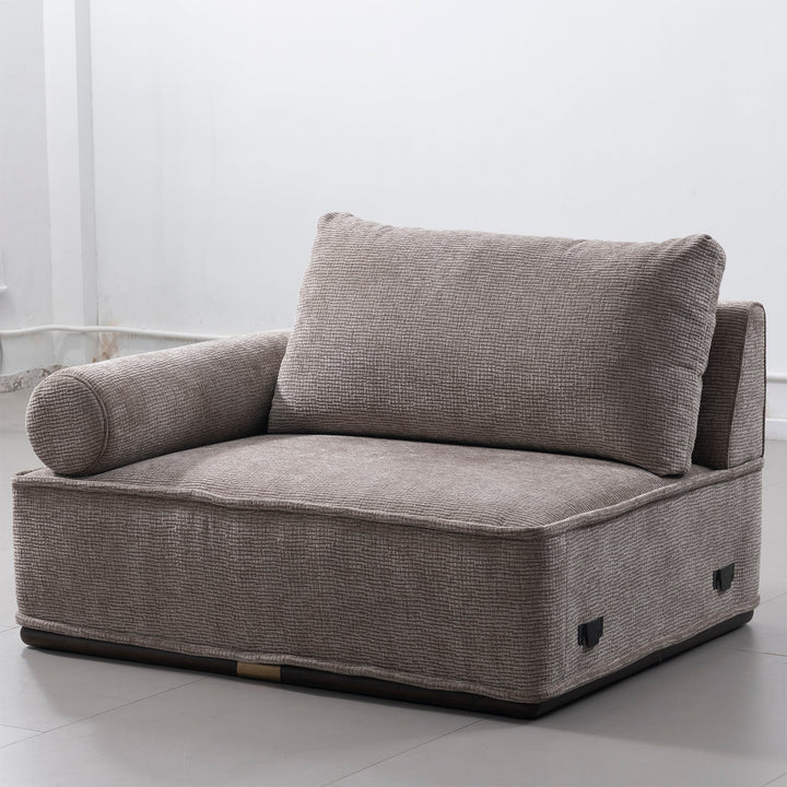 Minimalist corduroy velvet fabric modular corner 1 seater sofa cordy in close up details.
