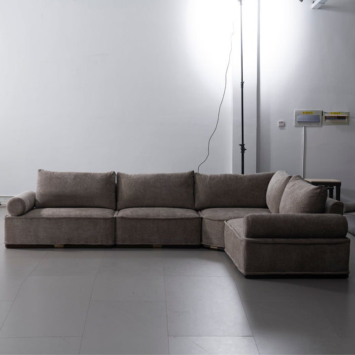 Minimalist corduroy velvet fabric modular l shape sectional sofa 4+l cordy in close up details.
