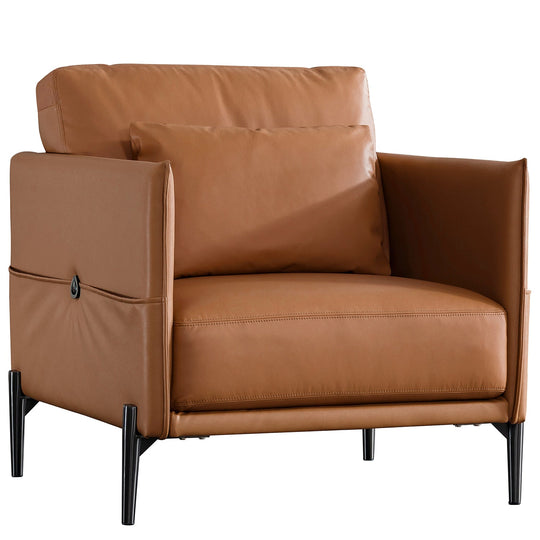 Minimalist genuine leather 1 seater sofa dante in white background.