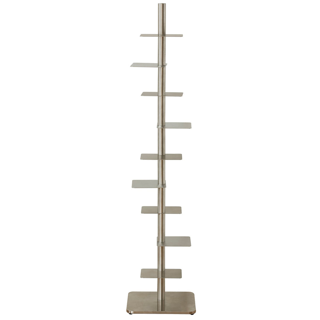 Minimalist steel revolving bookshelf stack detail 7.