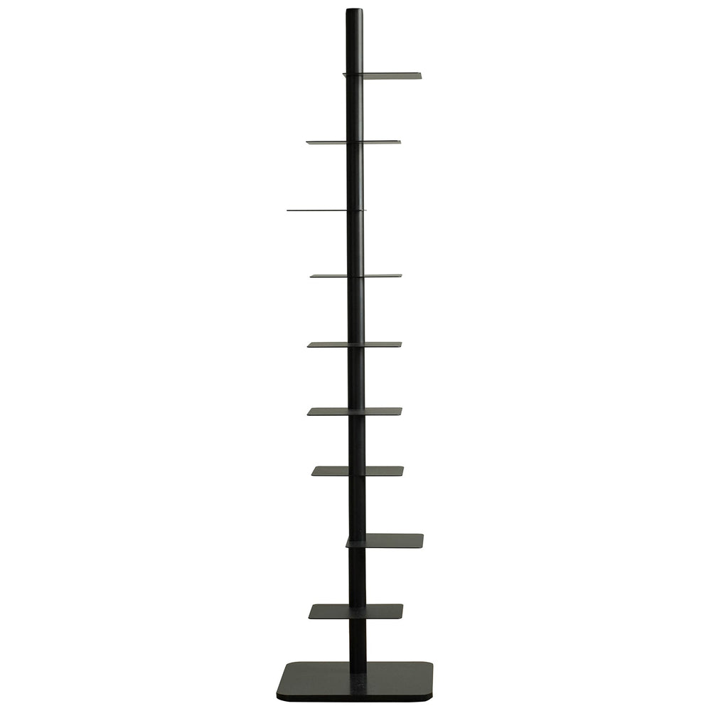 Minimalist steel revolving bookshelf stack in white background.
