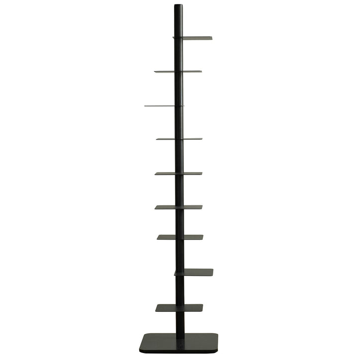 Minimalist steel revolving bookshelf stack in white background.