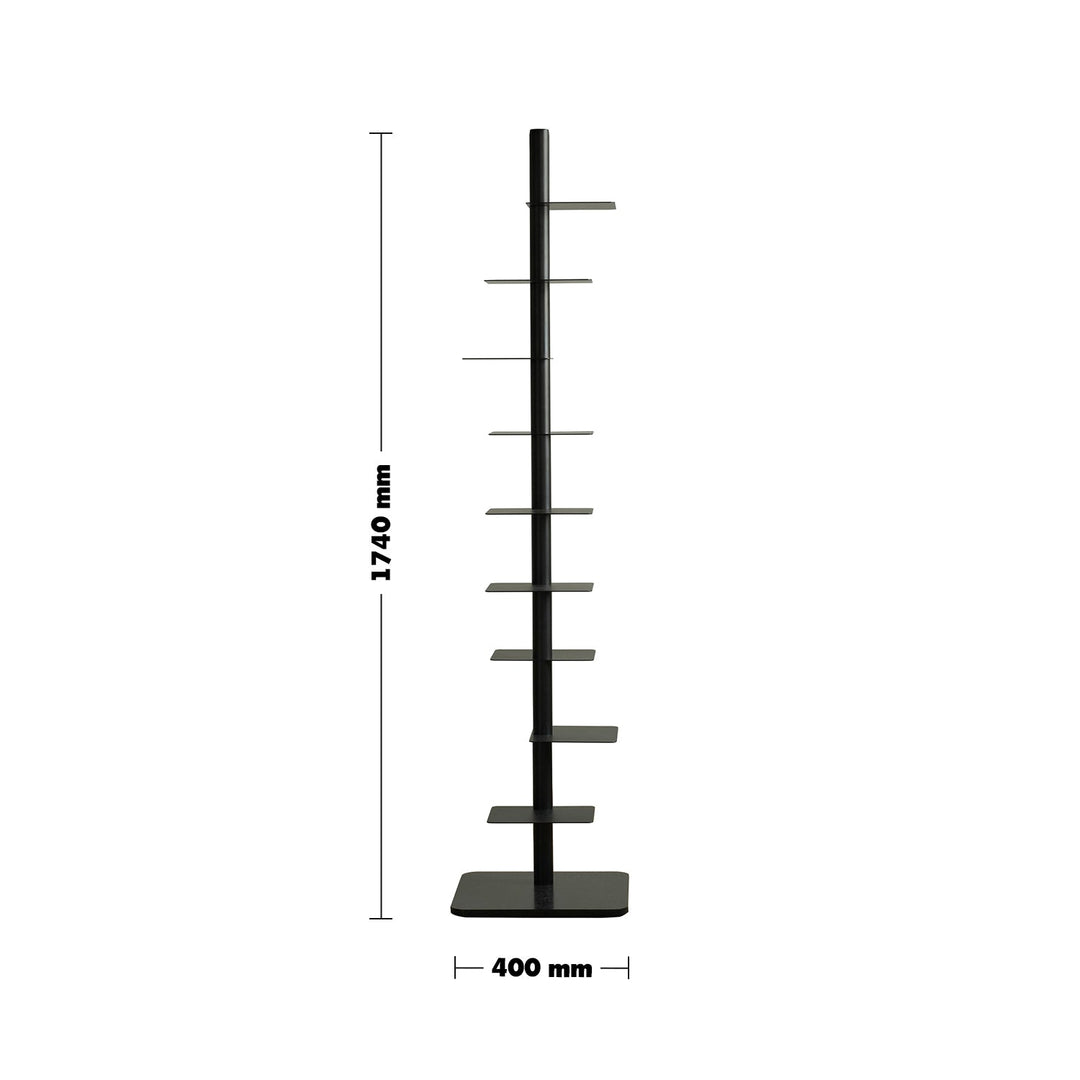 Minimalist steel revolving bookshelf stack size charts.