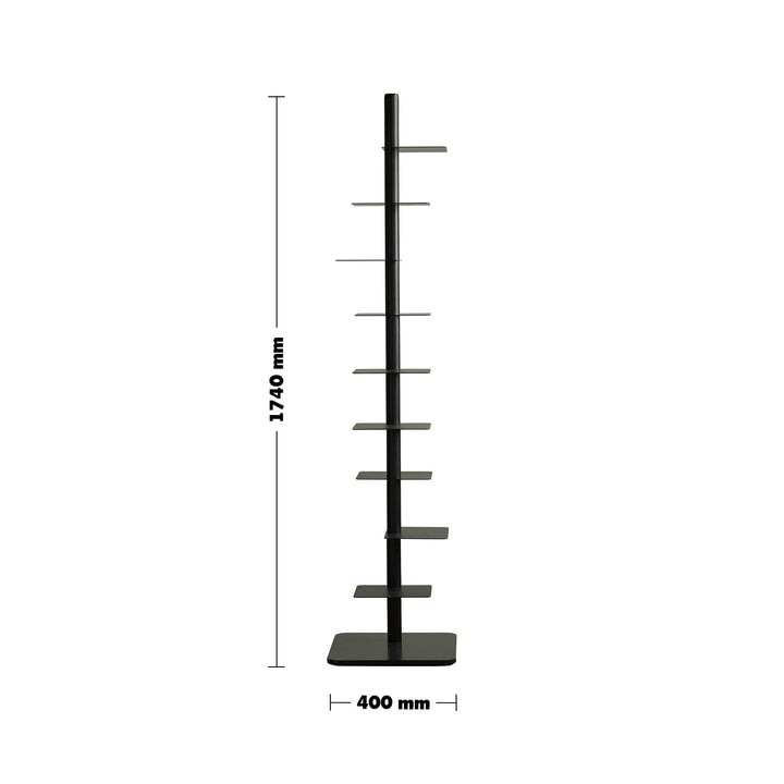 Minimalist steel revolving bookshelf stack size charts.
