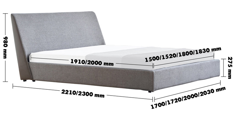 Minimalist Fabric Bed VASELLI Size Chart