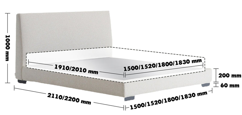 Minimalist Fabric Bed WOODS Size Chart