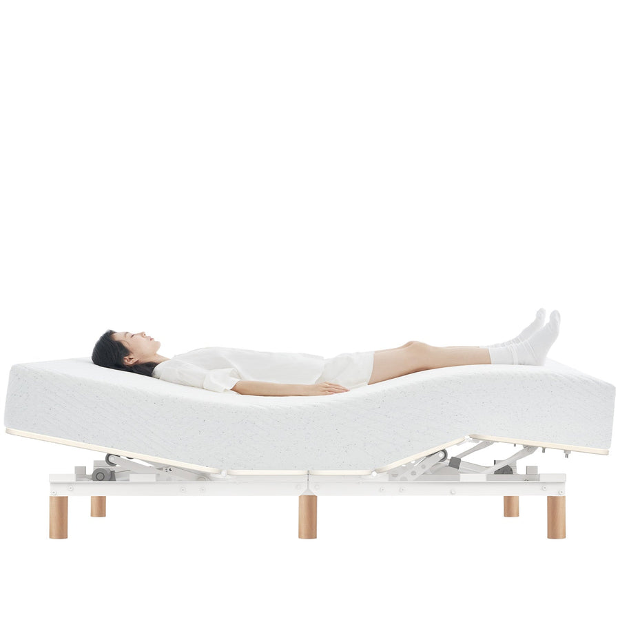 Minimalist metal electric adjustable bed frame with mattress 2in1 set upone in white background.