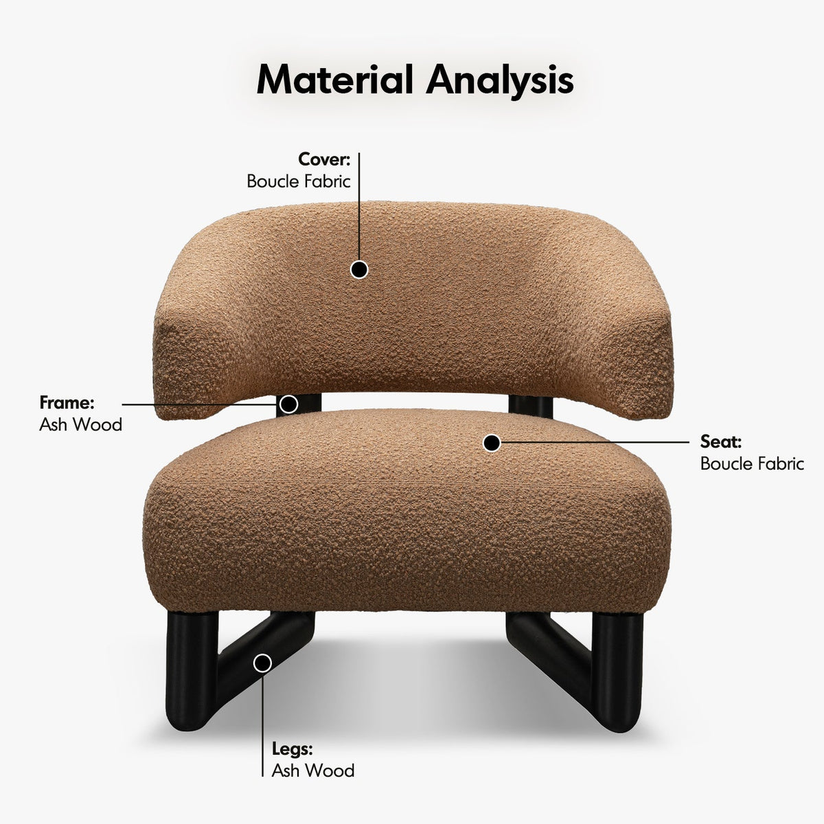 Cream boucle fabric 1 seater sofa arc in details.