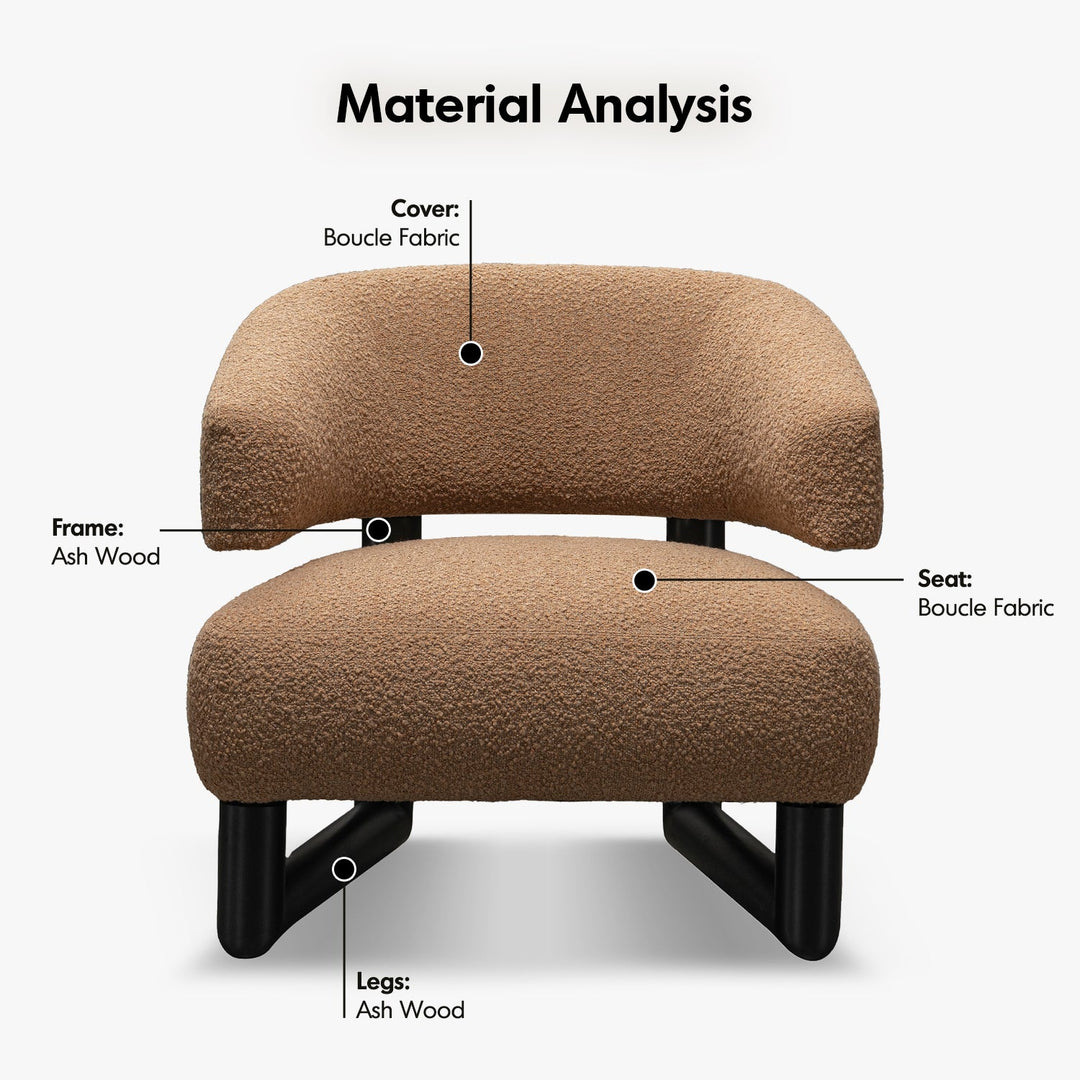 Cream boucle fabric 1 seater sofa arc in details.