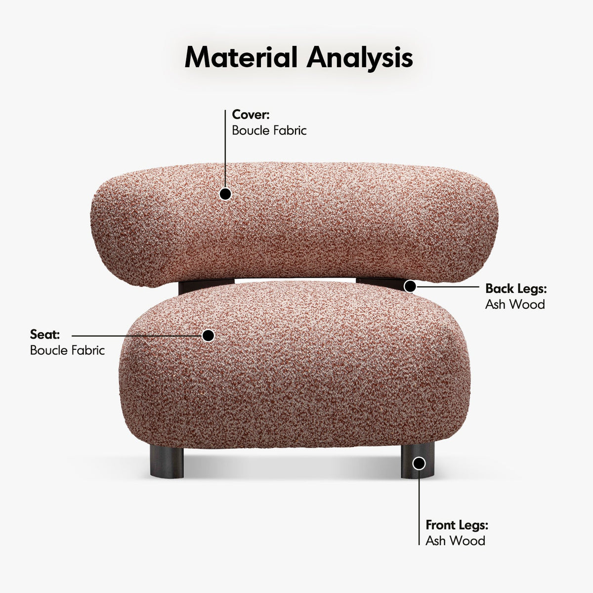 Cream boucle fabric 1 seater sofa bubble in details.
