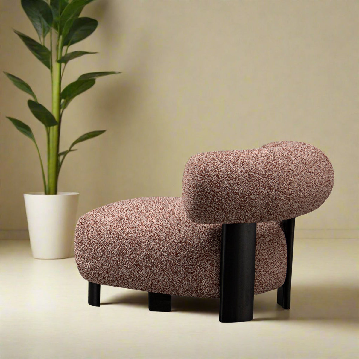 Cream boucle fabric 1 seater sofa bubble in close up details.
