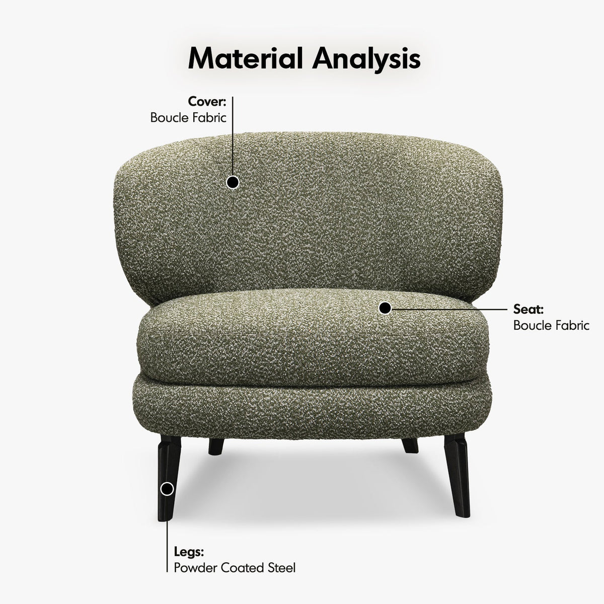 Cream boucle fabric 1 seater sofa moss in close up details.