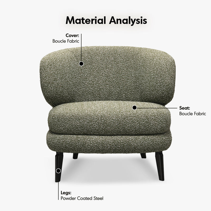 Cream boucle fabric 1 seater sofa moss in close up details.