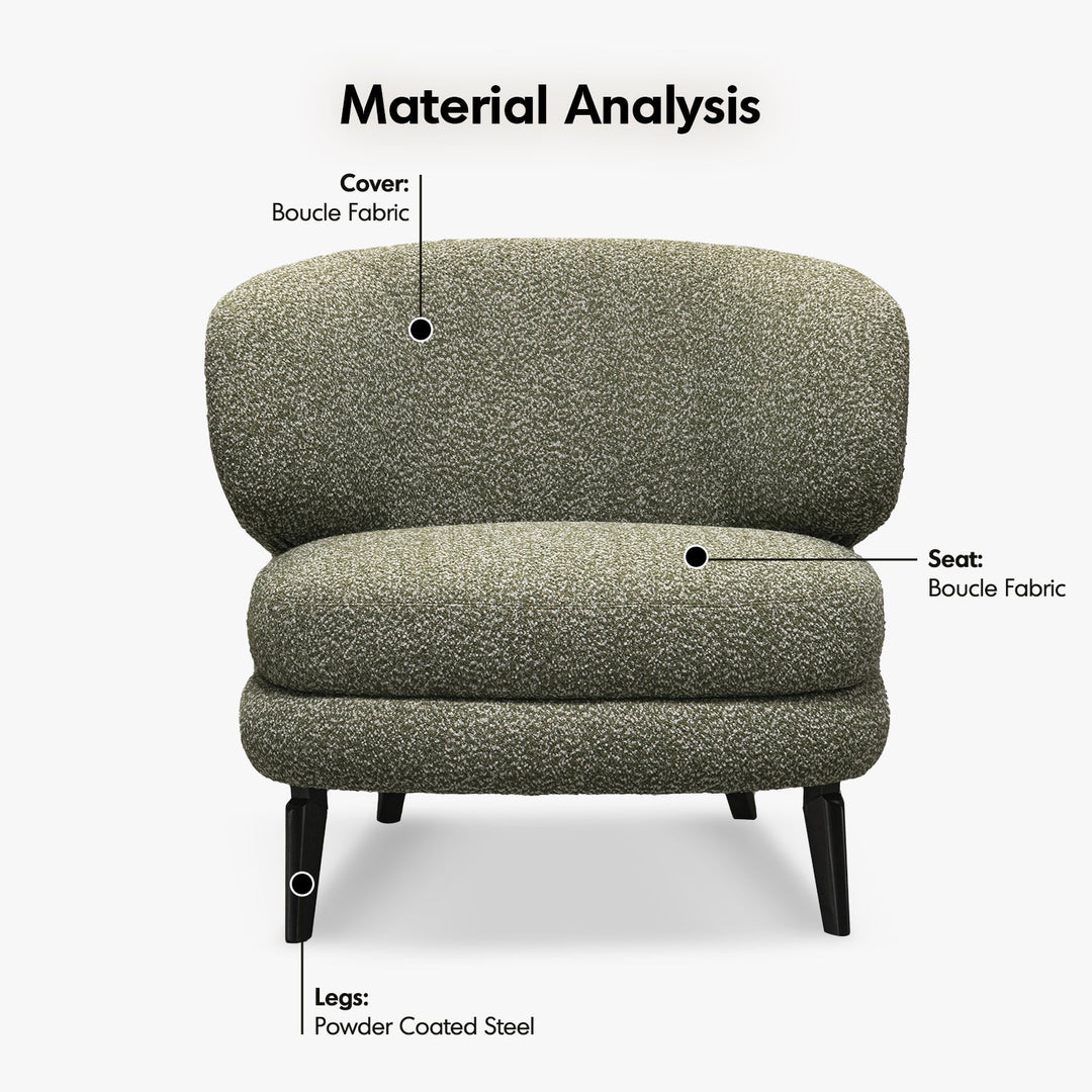 Cream boucle fabric 1 seater sofa moss in close up details.