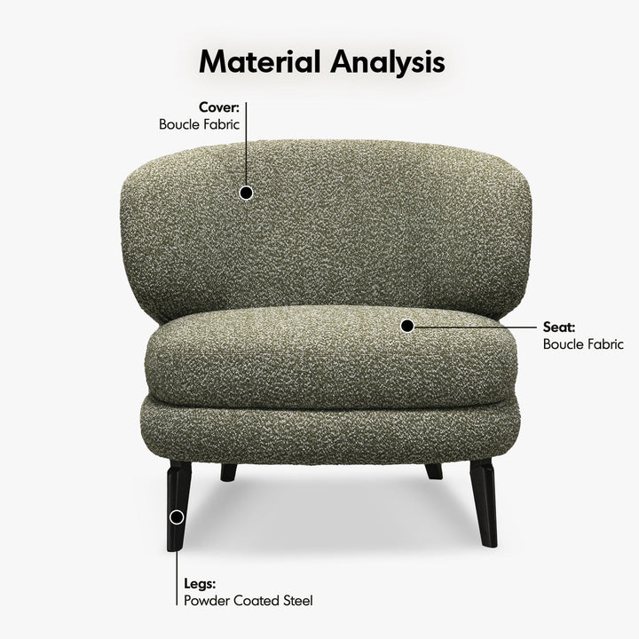 Cream boucle fabric 1 seater sofa moss in close up details.