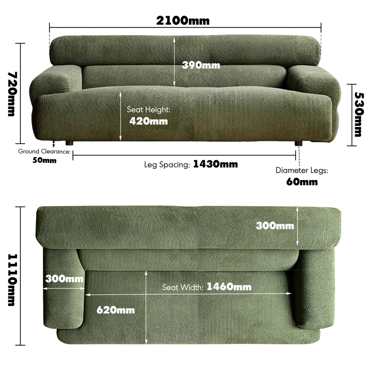 Modern Boucle Fabric 3 Seater Sofa SLEEPO Size Chart