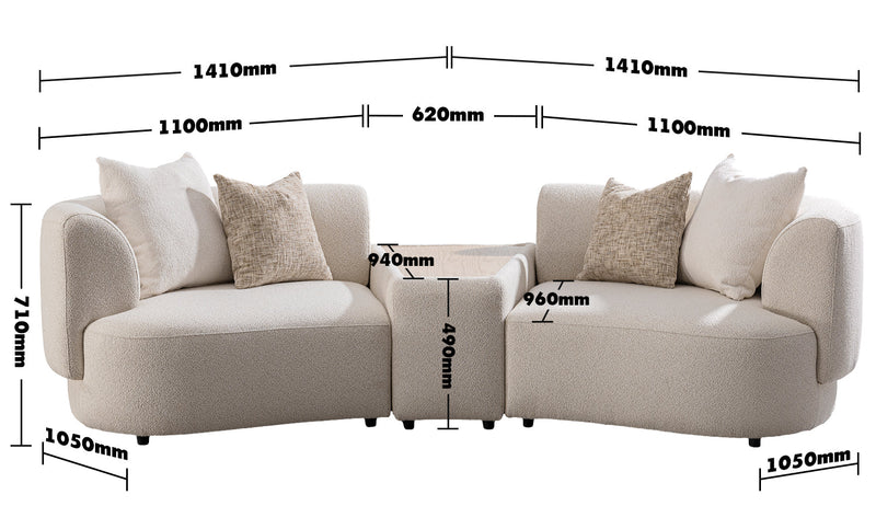 Scandinavian Boucle Fabric Modular 2 Seater Sofa With Side Table RENE Size Chart