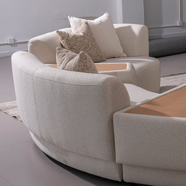Scandinavian boucle fabric modular 3 seater sofa with side table rene in panoramic view.