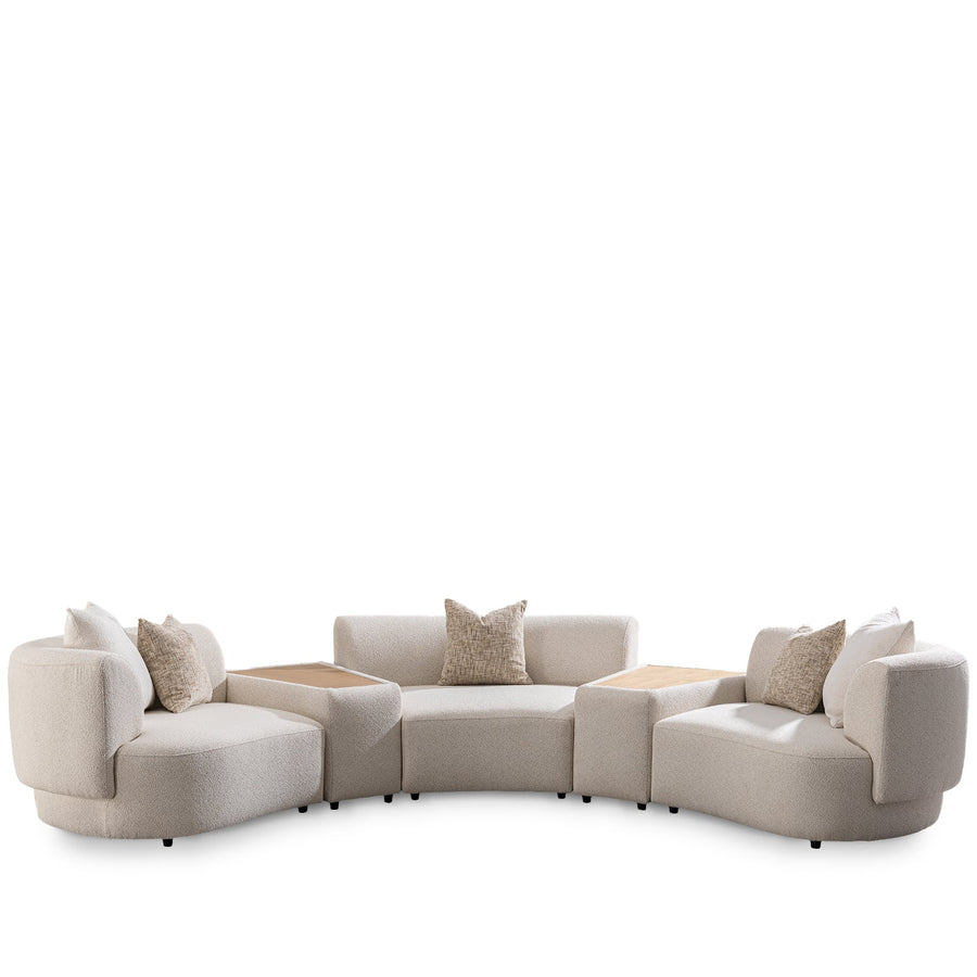 Scandinavian boucle fabric modular 3 seater sofa with side table rene in white background.