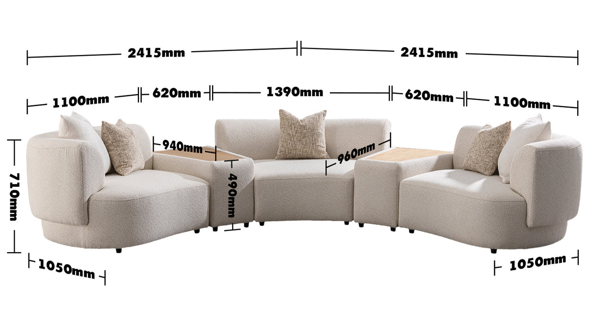 Scandinavian Boucle Fabric Modular 3 Seater Sofa With Side Table RENE Size Chart