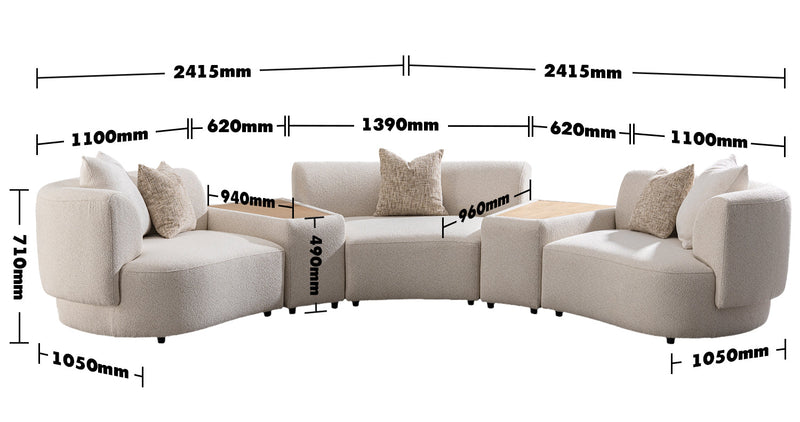 Scandinavian Boucle Fabric Modular 3 Seater Sofa With Side Table RENE Size Chart