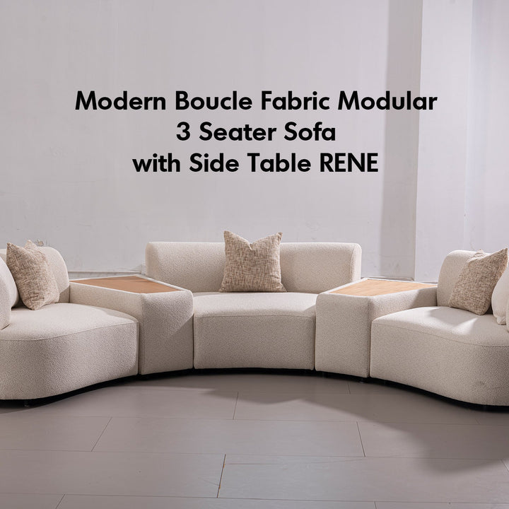 Scandinavian boucle fabric modular 3 seater sofa with side table rene material variants.
