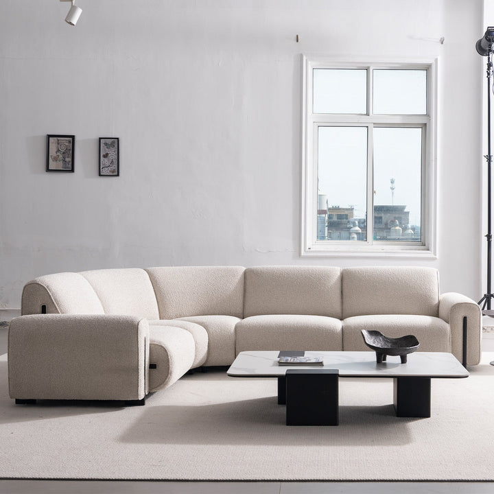 Minimalist boucle fabric modular 4 seater sofa colle material variants.