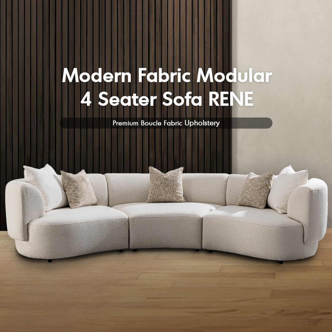 Scandinavian boucle fabric modular 4 seater sofa rene material variants.