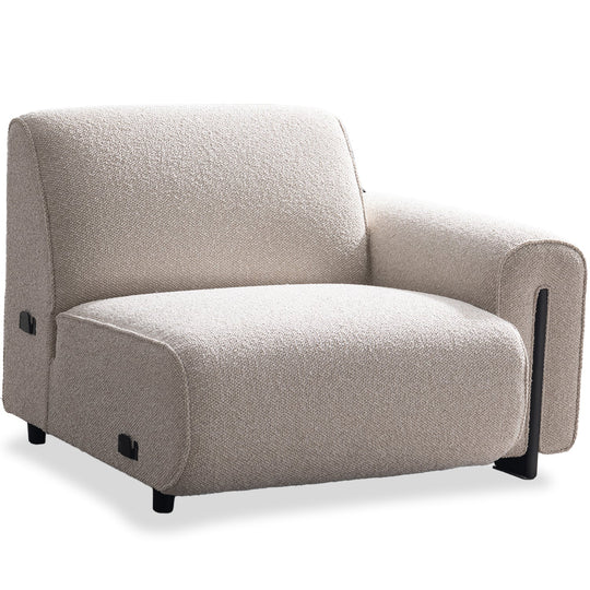 Minimalist boucle fabric modular corner 1 seater sofa colle in white background.