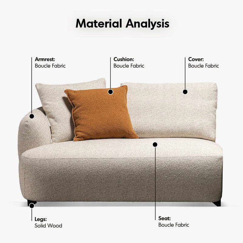Cream boucle fabric modular corner 1 seater sofa serene in close up details.