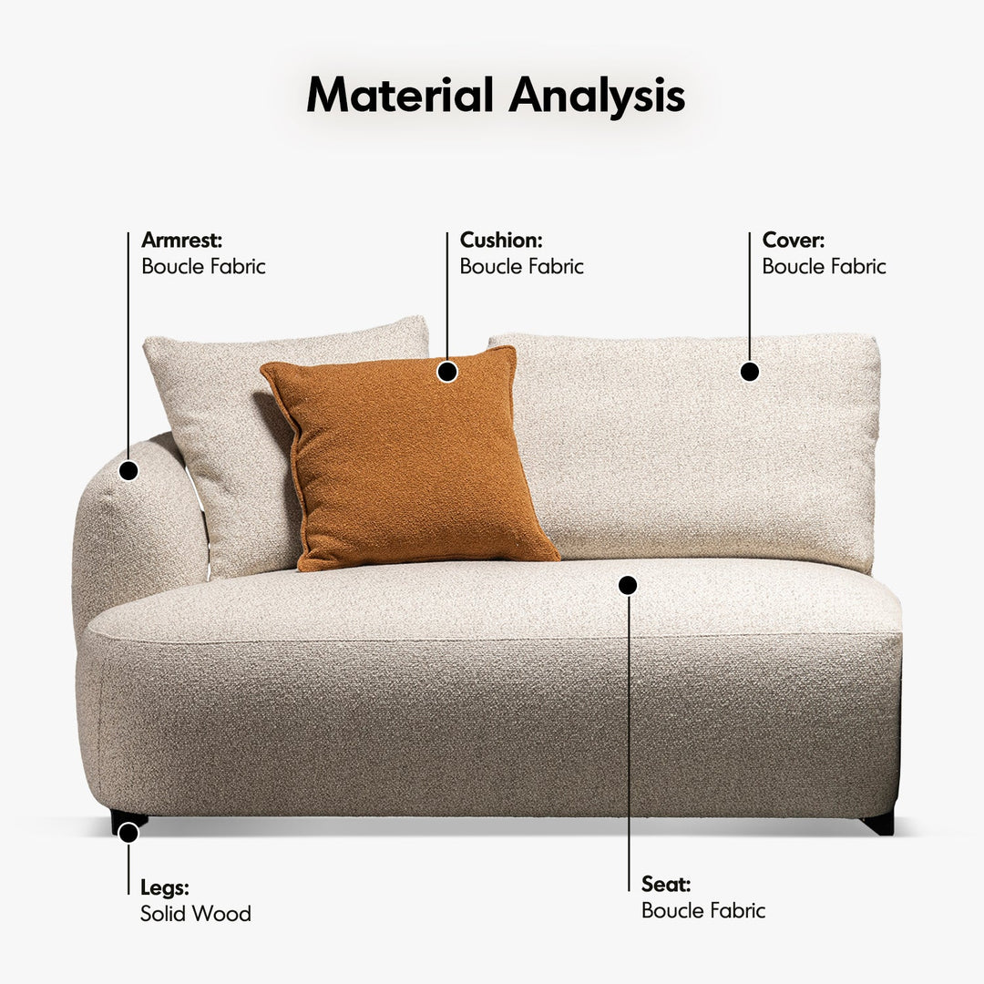 Cream boucle fabric modular corner 1 seater sofa serene in close up details.