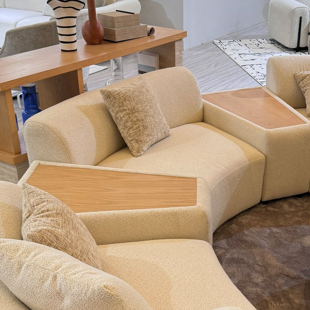 Scandinavian boucle fabric modular joint connection 1 seater sofa rene in panoramic view.