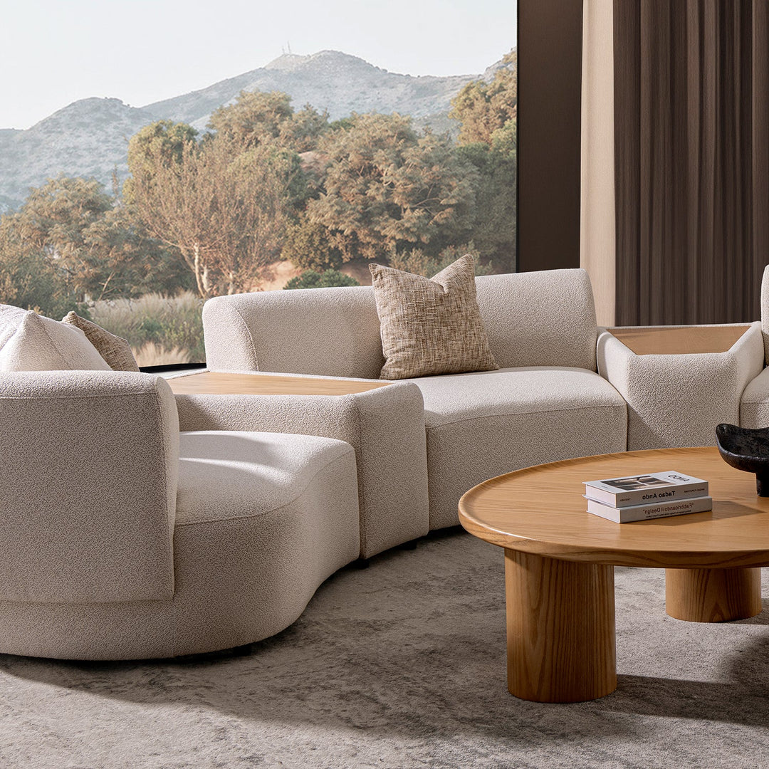 Scandinavian boucle fabric modular joint connection 1 seater sofa rene in still life.