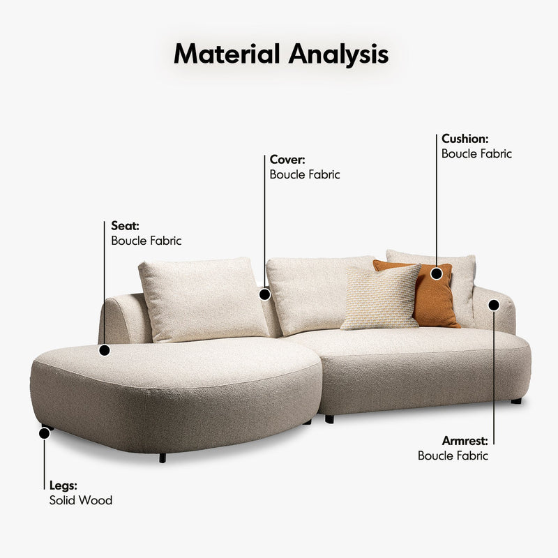 Cream boucle fabric modular l shape sectional sofa serene 2+l in close up details.