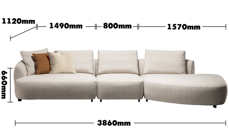 Cream Boucle Fabric Modular L Shape Sectional Sofa SERENE 3+L Size Chart