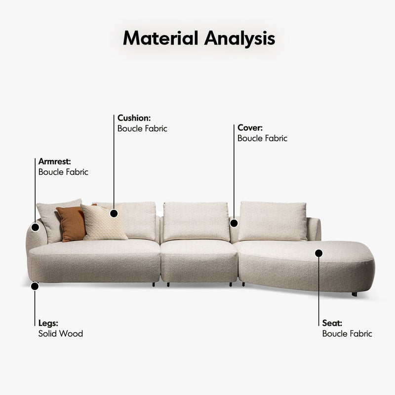 Cream boucle fabric modular l shape sectional sofa serene 3+l in close up details.