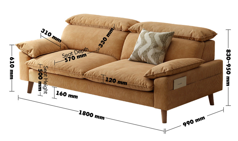 Scandinavian Corduroy Velvet Fabric 2 Seater Sofa CORDY Size Chart