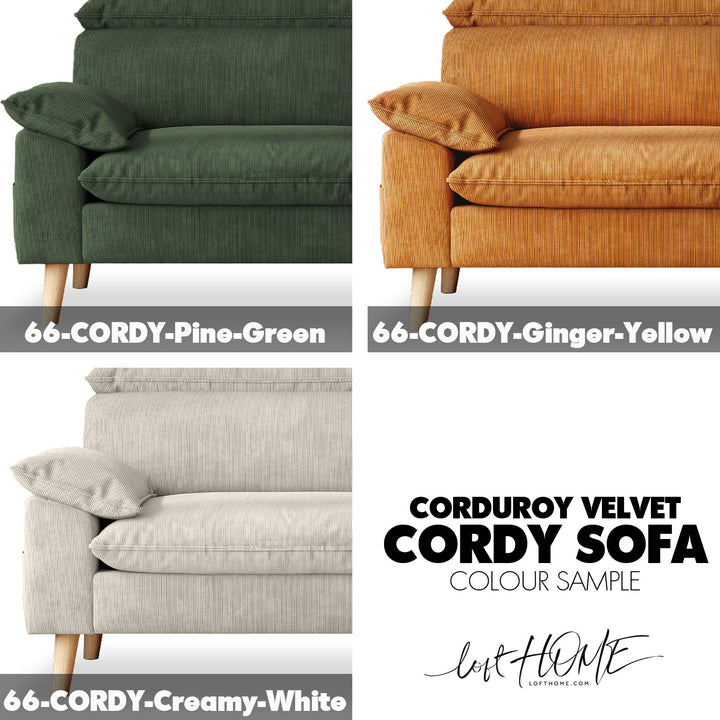 Scandinavian corduroy velvet fabric 3 seater sofa cordy color swatches.