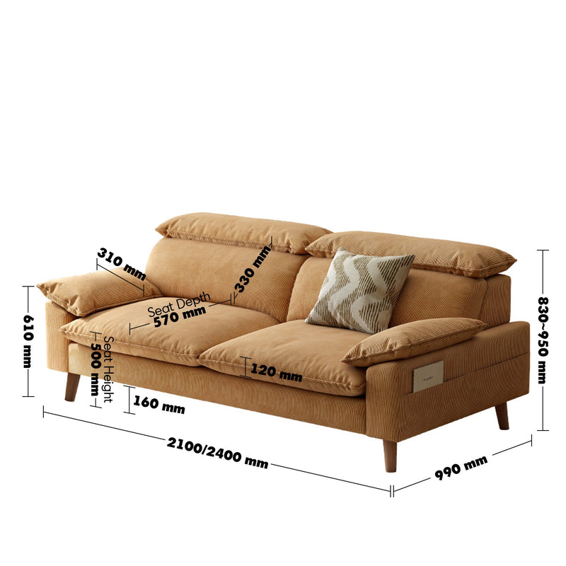 Scandinavian Corduroy Velvet Fabric 3 Seater Sofa CORDY Size Chart