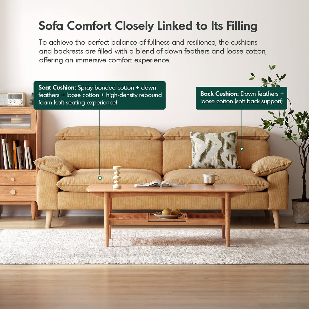 Scandinavian corduroy velvet fabric 4 seater sofa cordy in panoramic view.