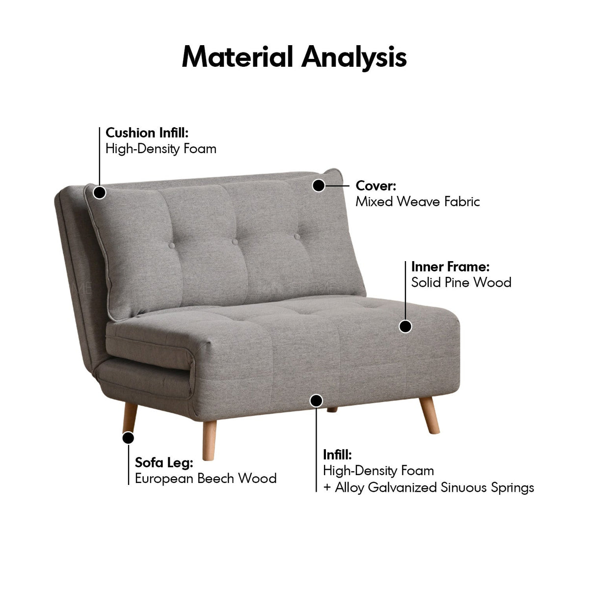 Modern mixed weave fabric 1 seater sofa bed aero layered structure.