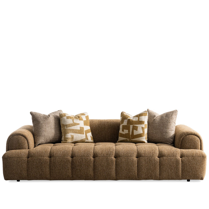 Modern mixed weave fabric 3 seater sofa puff in white background.