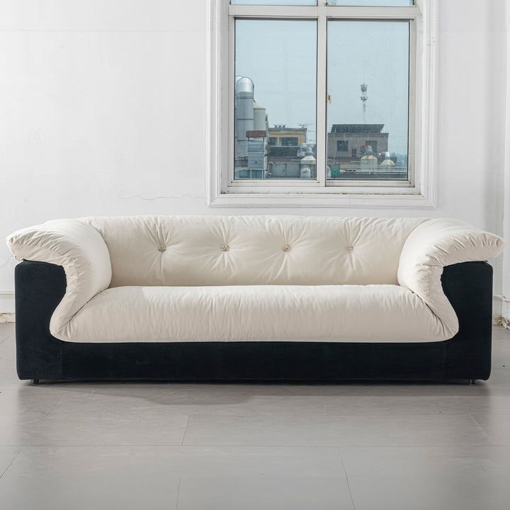 Cream suede fabric 2 seater sofa camellia material variants.