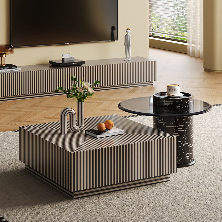 Modern Wood Tempered Glass Coffee Table 2pcs Set STRIPE