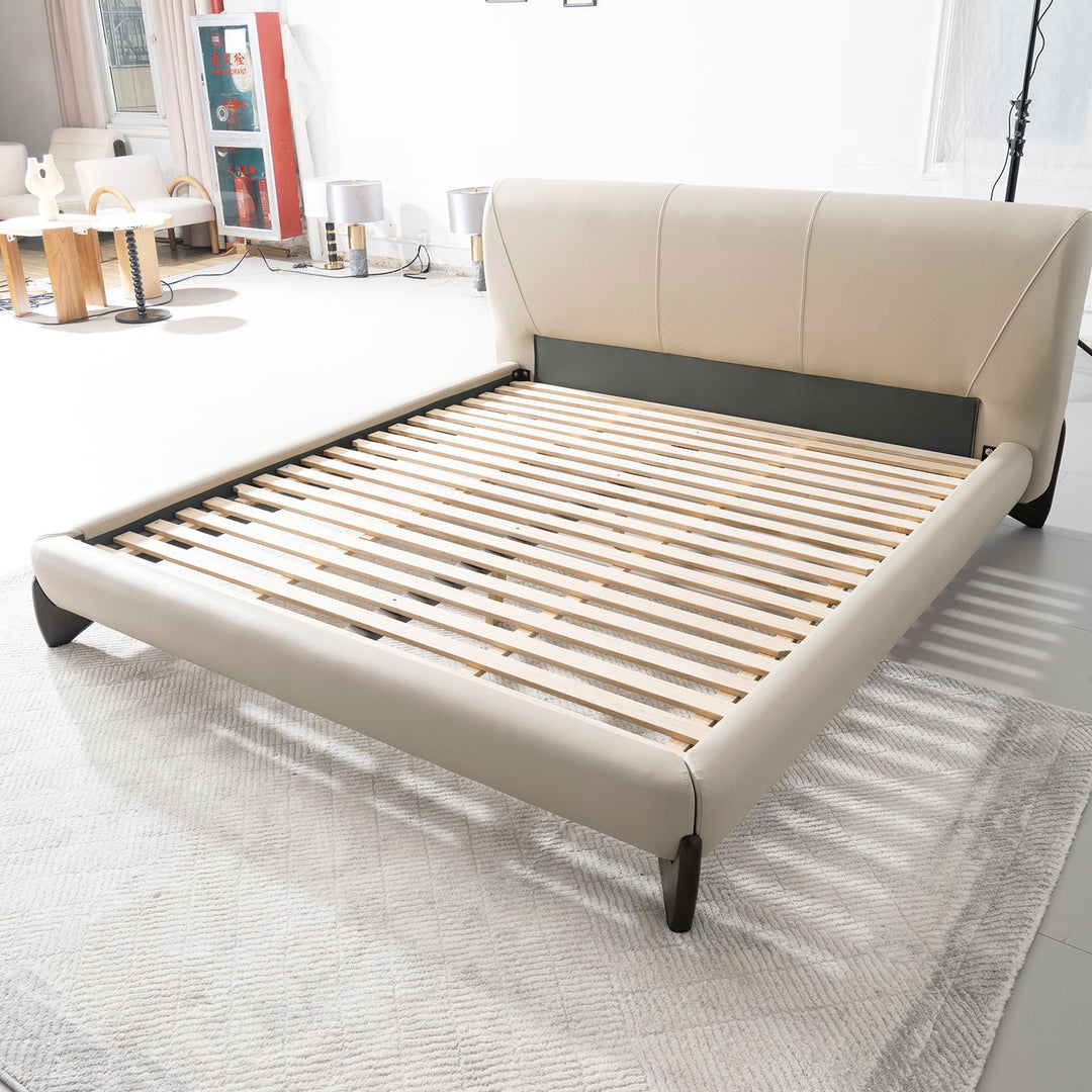Modern genuine leather bed frame arcy in close up details.