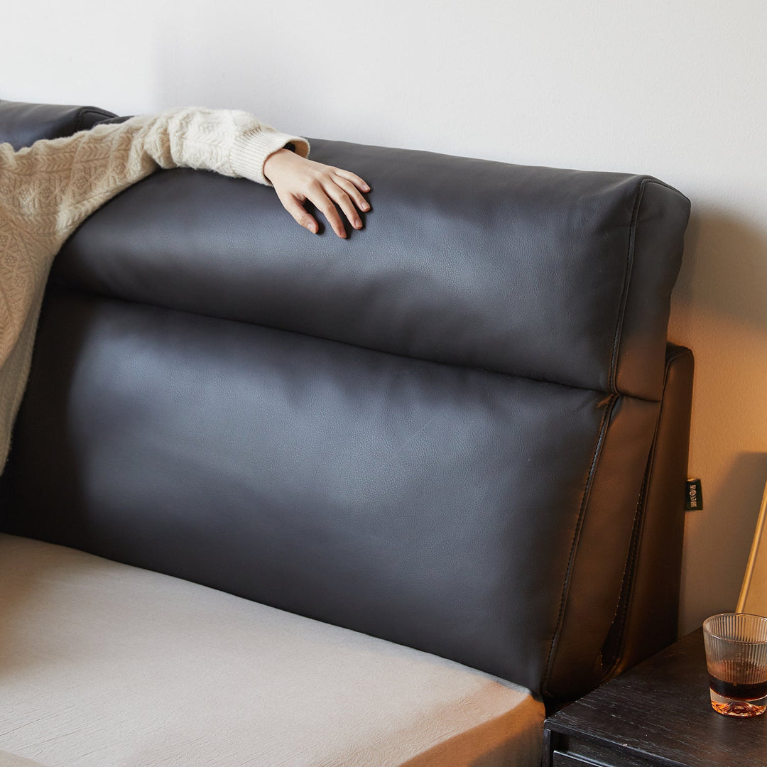 Modern genuine leather bed frame dusko in real life style.