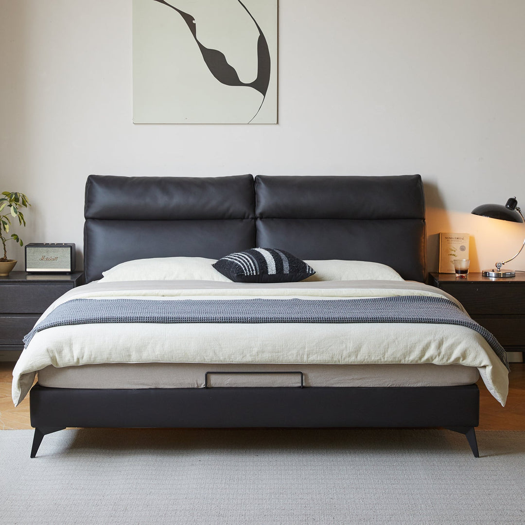Modern genuine leather bed frame dusko in details.