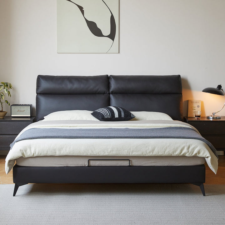 Modern genuine leather bed frame dusko in details.