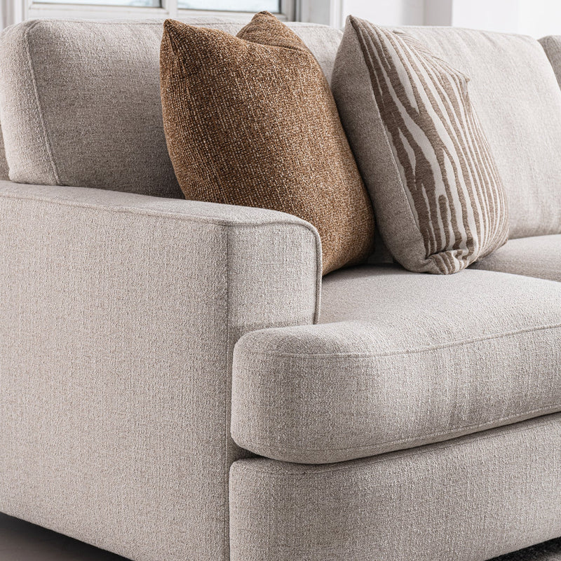 Modern mixed weave fabric corner 2 seater sofa lucent in real life style.
