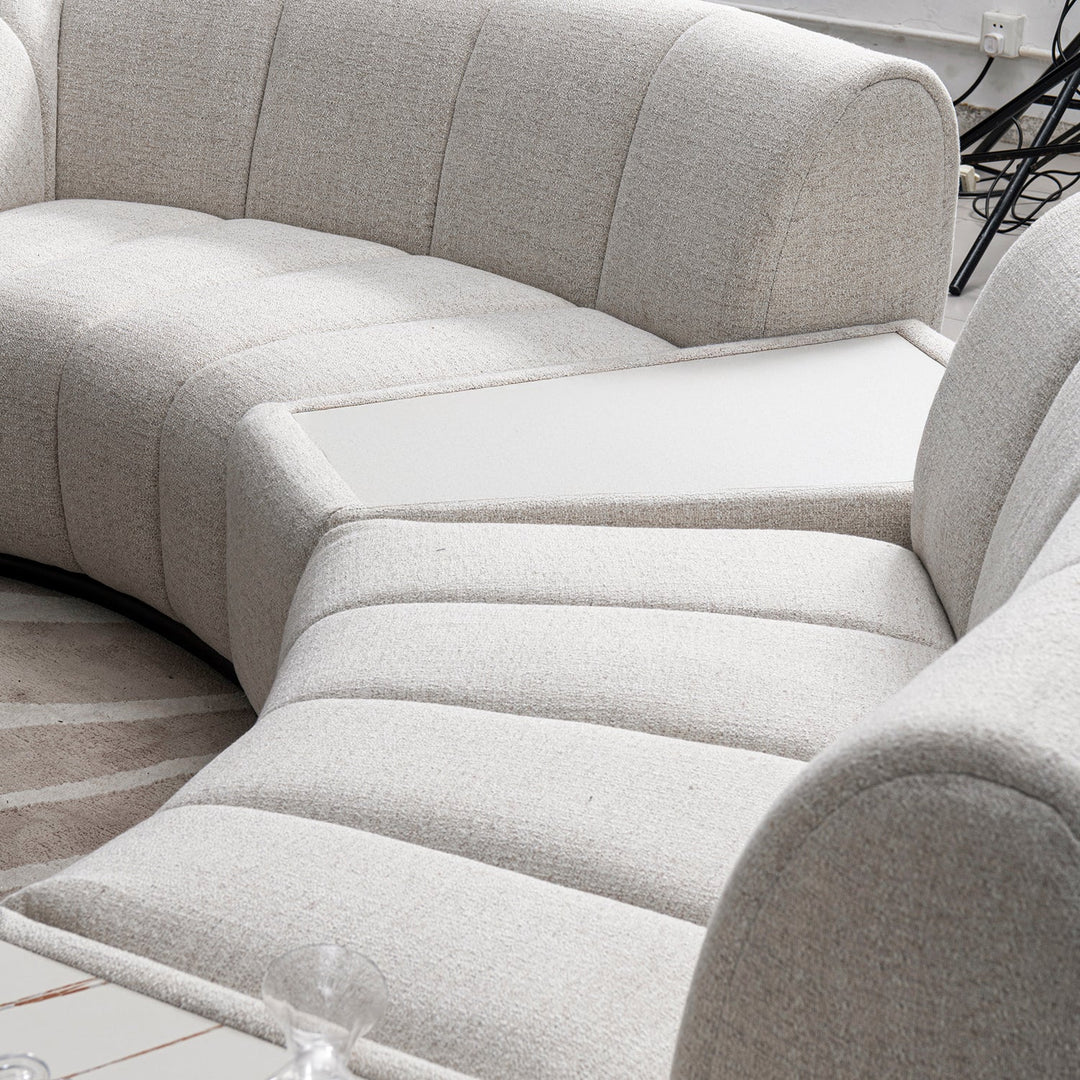 Modern mixed weave fabric sintered stone modular sofa side table bento in panoramic view.